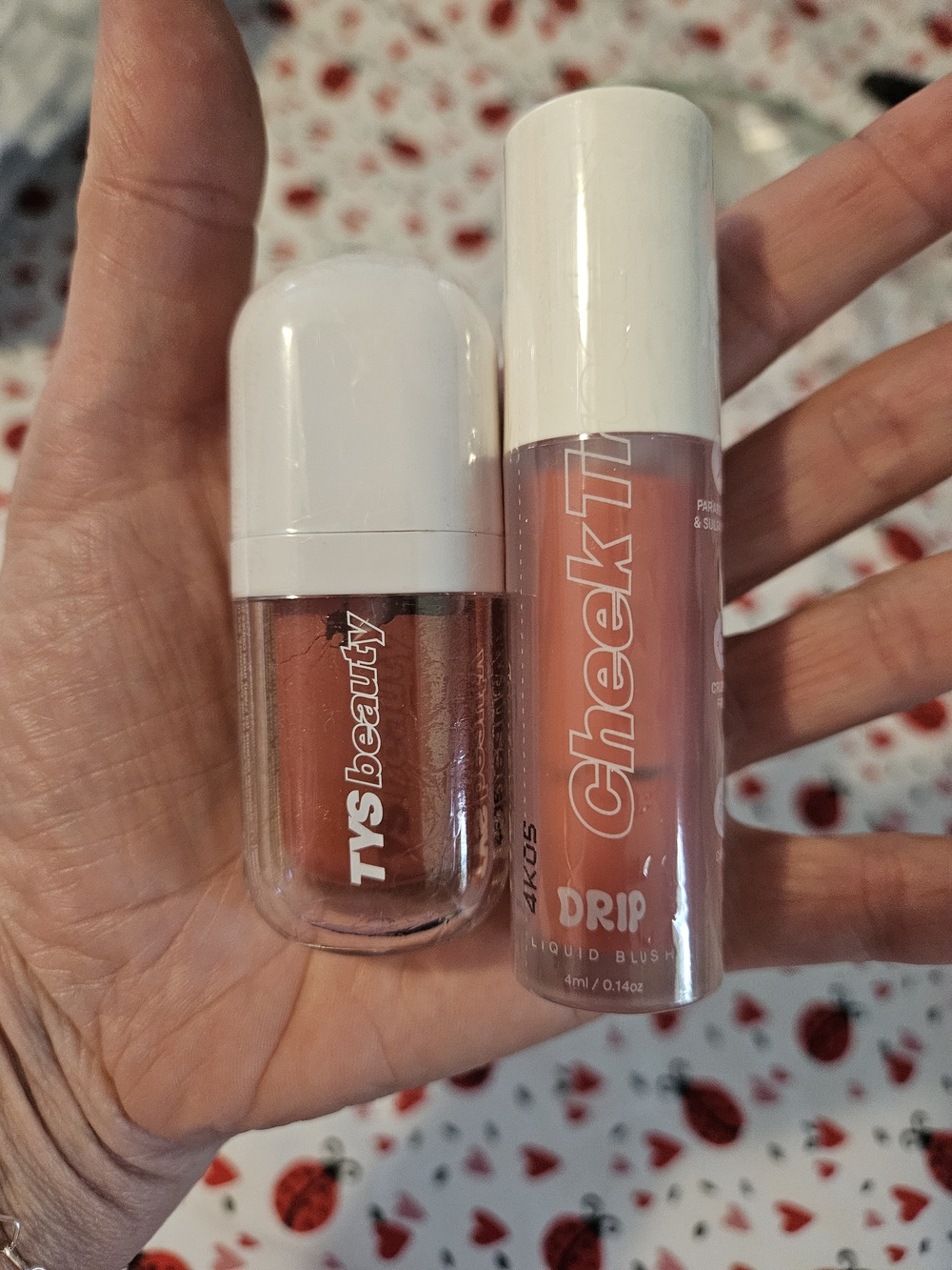 TYS Beauty Liquid Cheek Tint Drip Blush — Dusty Rose Pink and gloss.